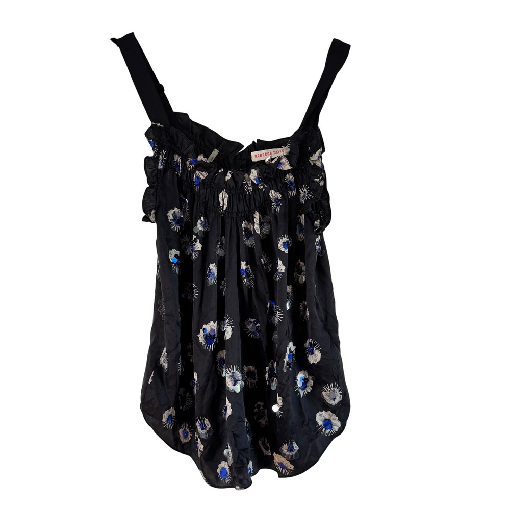 Rebecca‎ Taylor Silk Cami Top Floral Beaded Accents Black Sleeveless S